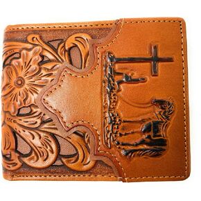 Western Men's Genuine Leather Floral Tooled Laser Cut Praying Cowboy Wallet in 9 colors (Brown/Turq) in Saudi Arabia