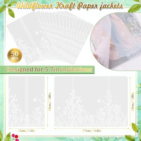 48 Sets Wedding Invitation Wrap Kit for 5x7 Invitations – Pre-Folded Vellum Jackets, 12 Rolls Chiffon Ribbon, Dried Gypsophila & Wax Seal Stickers – Elegant DIY Wedding Supplies in Saudi Arabia