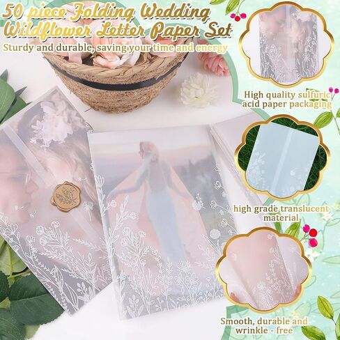 48 Sets Wedding Invitation Wrap Kit for 5x7 Invitations – Pre-Folded Vellum Jackets, 12 Rolls Chiffon Ribbon, Dried Gypsophila & Wax Seal Stickers – Elegant DIY Wedding Supplies in Saudi Arabia