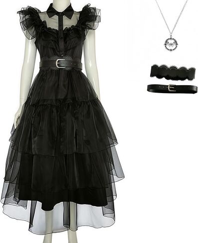 Halloween Women Black Gothic Tulle Cosplay Dress Party Ruffle Layered Prom Dance Costume Belt Necklace in Saudi Arabia