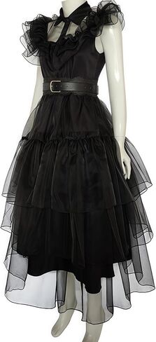 Halloween Women Black Gothic Tulle Cosplay Dress Party Ruffle Layered Prom Dance Costume Belt Necklace in Saudi Arabia