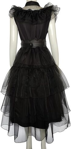 Halloween Women Black Gothic Tulle Cosplay Dress Party Ruffle Layered Prom Dance Costume Belt Necklace in Saudi Arabia