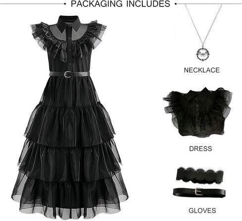 Halloween Women Black Gothic Tulle Cosplay Dress Party Ruffle Layered Prom Dance Costume Belt Necklace in Saudi Arabia