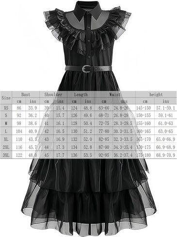 Halloween Women Black Gothic Tulle Cosplay Dress Party Ruffle Layered Prom Dance Costume Belt Necklace in Saudi Arabia