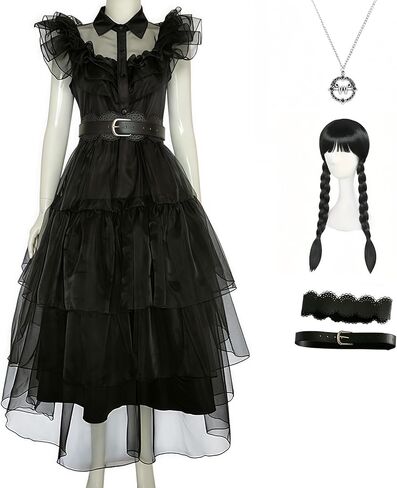 Halloween Women Black Gothic Tulle Cosplay Dress Party Ruffle Layered Prom Dance Costume Belt Necklace in Saudi Arabia