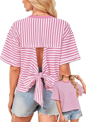 المرأة الصيف قمم فضفاضة تناسب Crewneck قصيرة الأكمام عارضة مخطط تي شيرت Bowknot انقطاع العودة التعادل واسعة يشبه الصندوق المحملة in Kuwait