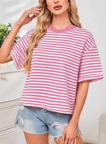 المرأة الصيف قمم فضفاضة تناسب Crewneck قصيرة الأكمام عارضة مخطط تي شيرت Bowknot انقطاع العودة التعادل واسعة يشبه الصندوق المحملة in Kuwait