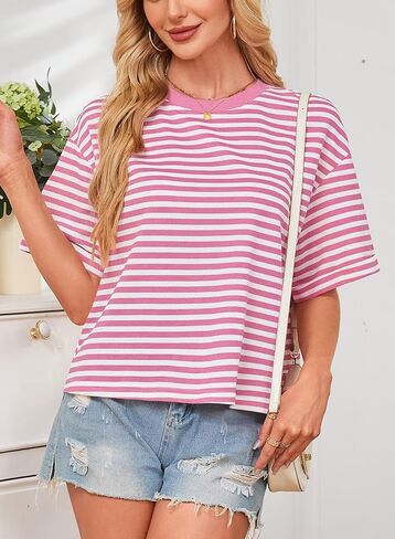 المرأة الصيف قمم فضفاضة تناسب Crewneck قصيرة الأكمام عارضة مخطط تي شيرت Bowknot انقطاع العودة التعادل واسعة يشبه الصندوق المحملة in Kuwait