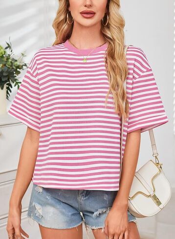 المرأة الصيف قمم فضفاضة تناسب Crewneck قصيرة الأكمام عارضة مخطط تي شيرت Bowknot انقطاع العودة التعادل واسعة يشبه الصندوق المحملة in Kuwait