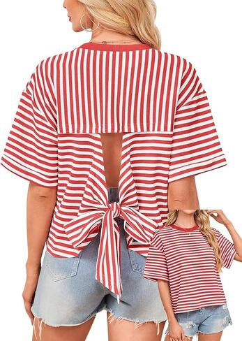 المرأة الصيف قمم فضفاضة تناسب Crewneck قصيرة الأكمام عارضة مخطط تي شيرت Bowknot انقطاع العودة التعادل واسعة يشبه الصندوق المحملة in Kuwait