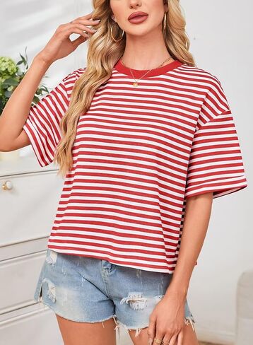 المرأة الصيف قمم فضفاضة تناسب Crewneck قصيرة الأكمام عارضة مخطط تي شيرت Bowknot انقطاع العودة التعادل واسعة يشبه الصندوق المحملة in Kuwait