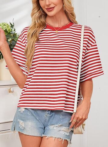 المرأة الصيف قمم فضفاضة تناسب Crewneck قصيرة الأكمام عارضة مخطط تي شيرت Bowknot انقطاع العودة التعادل واسعة يشبه الصندوق المحملة in Kuwait