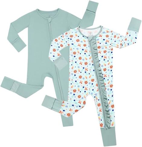 JunNeng 2Pcs Baby Girl Bamboo from Viscose Sleeper with Mitten Cuffs, Footless Ruffle Comfy Zippy Romper, Sleep N' Play Pjs in Kuwait