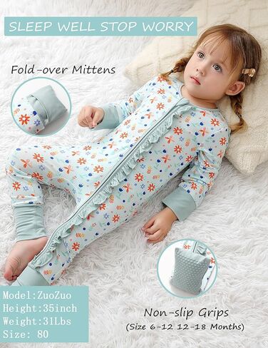 JunNeng 2Pcs Baby Girl Bamboo from Viscose Sleeper with Mitten Cuffs, Footless Ruffle Comfy Zippy Romper, Sleep N' Play Pjs in Kuwait