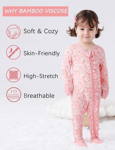 JunNeng Baby Girl Viscose from Bamboo Sleeper Pajamas with Mitten Cuffs | 2 Way Zipper Romper, Sleep N' Play, Fold-over Mitts, Non-Slip for 6-18 Months, Snug & Breathable, Stretchy, All Season in Saudi Arabia