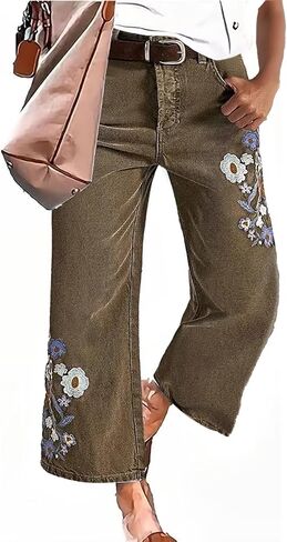 سروال فلامينجالز مستقيم الساق للنساء سروال كاجوال بتصميم مطرز بالزهور عتيق in Kuwait