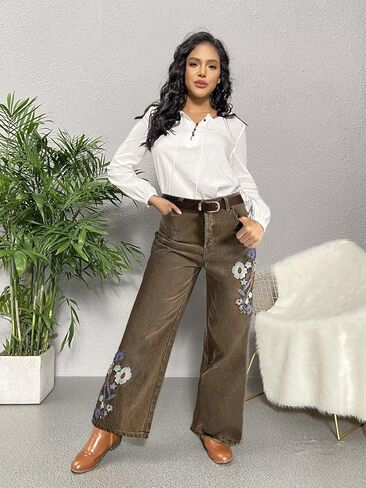 سروال فلامينجالز مستقيم الساق للنساء سروال كاجوال بتصميم مطرز بالزهور عتيق in Kuwait