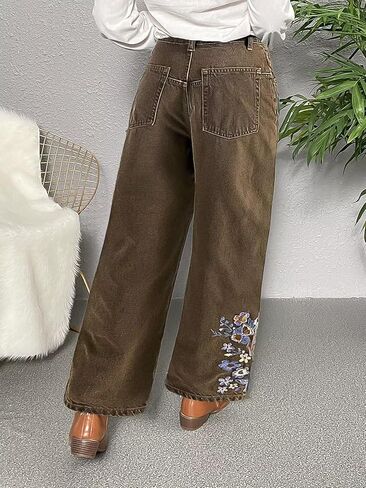 سروال فلامينجالز مستقيم الساق للنساء سروال كاجوال بتصميم مطرز بالزهور عتيق in Kuwait
