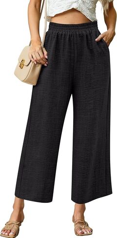 بنطلون كابري نسائي واسع الساق صيفي بالازو أنيق كاجوال للشاطئ فضفاض عالي الخصر مع جيوب in Kuwait