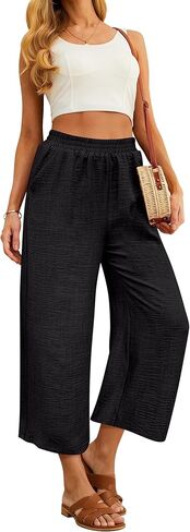 بنطلون كابري نسائي واسع الساق صيفي بالازو أنيق كاجوال للشاطئ فضفاض عالي الخصر مع جيوب in Kuwait