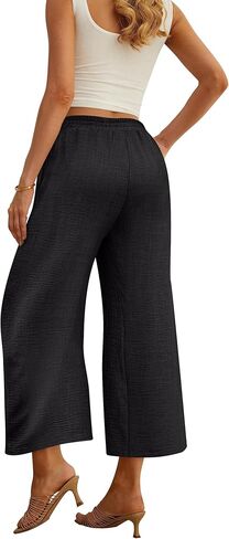 بنطلون كابري نسائي واسع الساق صيفي بالازو أنيق كاجوال للشاطئ فضفاض عالي الخصر مع جيوب in Kuwait