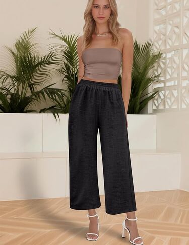 بنطلون كابري نسائي واسع الساق صيفي بالازو أنيق كاجوال للشاطئ فضفاض عالي الخصر مع جيوب in Kuwait