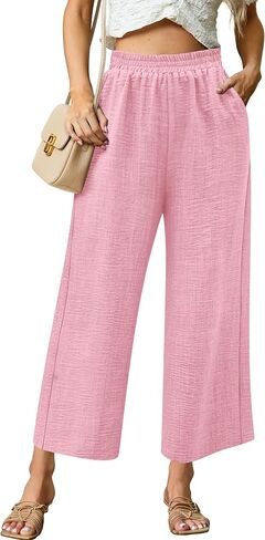 Womens Wide Leg Capri Pants Summer Palazzo Dressy Casual Pant Beach Loose High Waist Lounge Trouser with Pockets in Kuwait