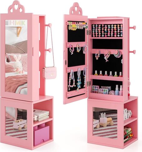 Costzon Kids Jewelry Armoire Cabinet, 46" Standing Jewelry Organizer with Full-Length Mirror, Rear Storage Shelves, Garment Rack, Kids Vanity Dress Up Mirror Jewelry Cabinet for Girls (White) in Saudi Arabia