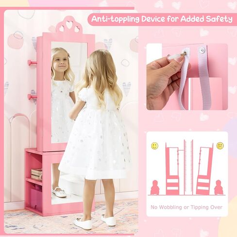 Costzon Kids Jewelry Armoire Cabinet, 46" Standing Jewelry Organizer with Full-Length Mirror, Rear Storage Shelves, Garment Rack, Kids Vanity Dress Up Mirror Jewelry Cabinet for Girls (White) in Saudi Arabia