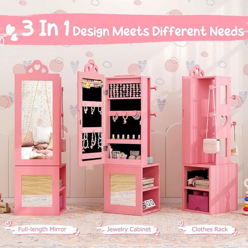Costzon Kids Jewelry Armoire Cabinet, 46" Standing Jewelry Organizer with Full-Length Mirror, Rear Storage Shelves, Garment Rack, Kids Vanity Dress Up Mirror Jewelry Cabinet for Girls (White) in Saudi Arabia