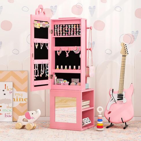 Costzon Kids Jewelry Armoire Cabinet, 46" Standing Jewelry Organizer with Full-Length Mirror, Rear Storage Shelves, Garment Rack, Kids Vanity Dress Up Mirror Jewelry Cabinet for Girls (White) in Saudi Arabia