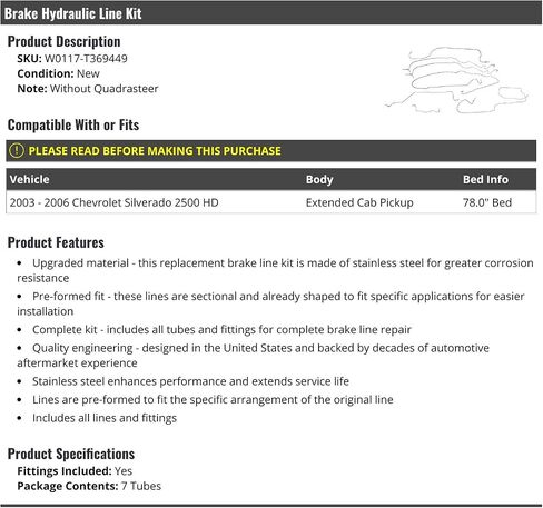 مجموعة خطوط الفرامل الهيدروليكية (7 قطع) - متوافقة مع 2003-2006 Chevy Silverado 2500 HD لاقط الكابينة الممتد مع سرير 78 بوصة (بدون Quadrasteer) in Saudi Arabia