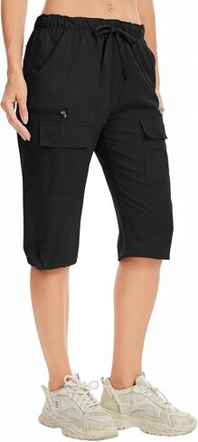 Capri Pants for women-15 Long Shorts Knee Length Capri Hiking Cargo Shorts Lightweight Quick Dry Elastic Waist for Casual in Kuwait
