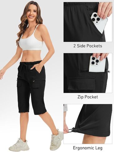 Capri Pants for women-15 Long Shorts Knee Length Capri Hiking Cargo Shorts Lightweight Quick Dry Elastic Waist for Casual in Kuwait