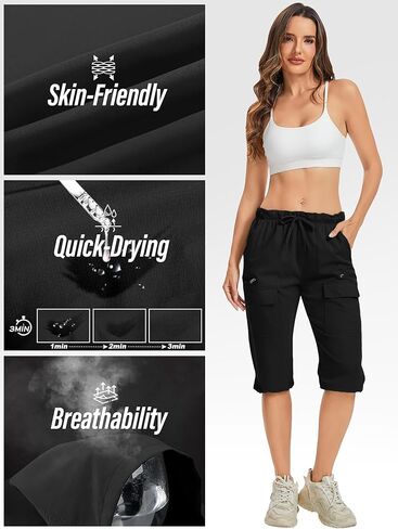Capri Pants for women-15 Long Shorts Knee Length Capri Hiking Cargo Shorts Lightweight Quick Dry Elastic Waist for Casual in Kuwait