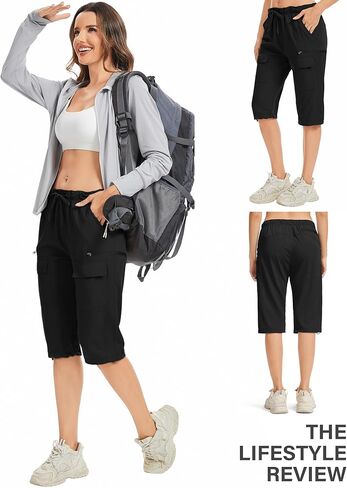 Capri Pants for women-15 Long Shorts Knee Length Capri Hiking Cargo Shorts Lightweight Quick Dry Elastic Waist for Casual in Kuwait