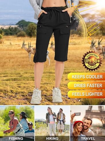 Capri Pants for women-15 Long Shorts Knee Length Capri Hiking Cargo Shorts Lightweight Quick Dry Elastic Waist for Casual in Kuwait