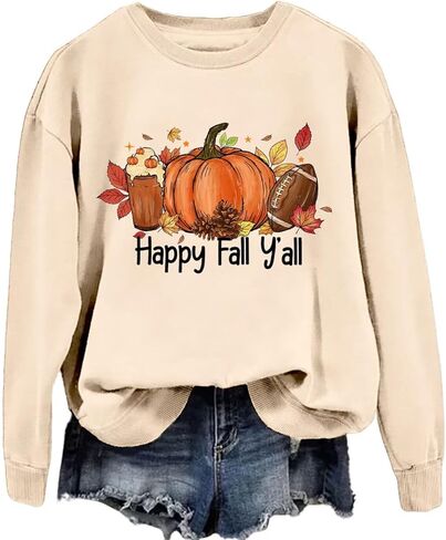 سويت شيرت نسائي لعيد الشكر بأكمام طويلة من Happy Fall Yall، سترة برسومات اليقطين، بلوفر بياقة دائرية عتيقة in Saudi Arabia