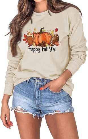 سويت شيرت نسائي لعيد الشكر بأكمام طويلة من Happy Fall Yall، سترة برسومات اليقطين، بلوفر بياقة دائرية عتيقة in Saudi Arabia