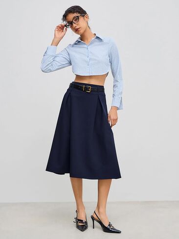 تنورة CIDER مطوية للنساء ماكسي A Line سادة بخصر متوسط ​​مع حزام، تنورة متوسطة الطول أنيقة كاجوال in Kuwait