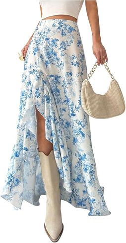 تنانير Floerns النسائية الطويلة ذات الأزهار الطويلة، تنانير طويلة ذات فتحة عالية الخصر وحاشية مكشكشة in Kuwait