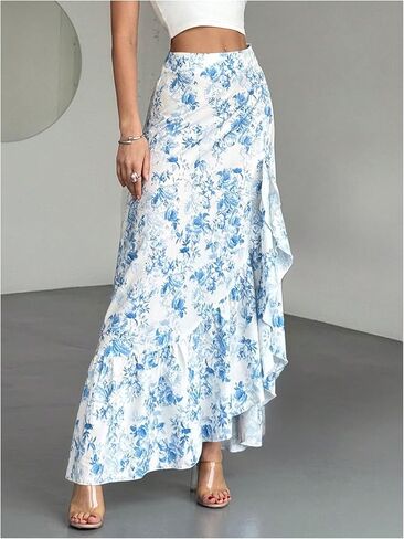 تنانير Floerns النسائية الطويلة ذات الأزهار الطويلة، تنانير طويلة ذات فتحة عالية الخصر وحاشية مكشكشة in Kuwait