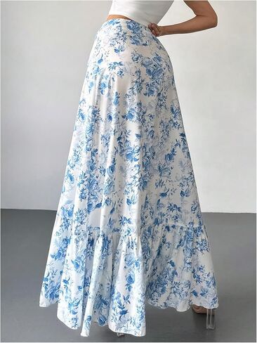 تنانير Floerns النسائية الطويلة ذات الأزهار الطويلة، تنانير طويلة ذات فتحة عالية الخصر وحاشية مكشكشة in Kuwait