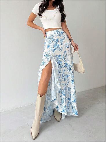 تنانير Floerns النسائية الطويلة ذات الأزهار الطويلة، تنانير طويلة ذات فتحة عالية الخصر وحاشية مكشكشة in Kuwait