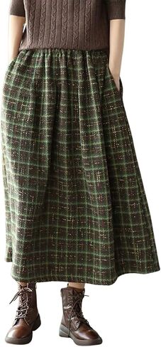 تنورة نسائية من الصوف ذات ثنيات منقوشة عتيقة من chouyatou بخصر مطاطي على شكل حرف a تنورة طويلة متأرجحة مع جيوب in Kuwait