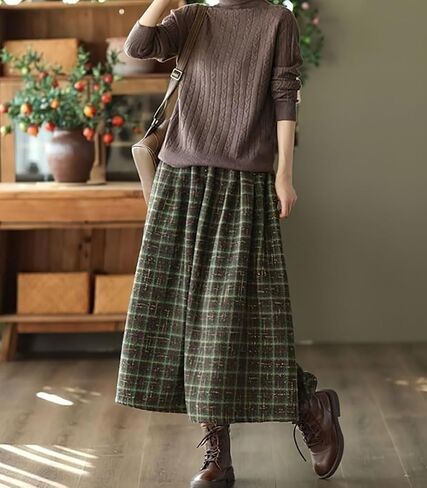 تنورة نسائية من الصوف ذات ثنيات منقوشة عتيقة من chouyatou بخصر مطاطي على شكل حرف a تنورة طويلة متأرجحة مع جيوب in Kuwait