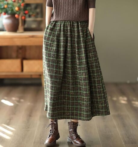 تنورة نسائية من الصوف ذات ثنيات منقوشة عتيقة من chouyatou بخصر مطاطي على شكل حرف a تنورة طويلة متأرجحة مع جيوب in Kuwait