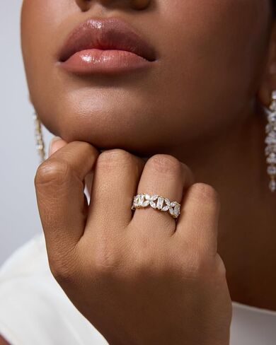 PAVOI 14K Gold Plated Marquise Eternity Rings for Women - Cubic Zirconia Chunky Stackable Wedding Ring - Statement Baguette CZ Gold Wedding Bands for Women - Promise Band Bridal Jewelry in Saudi Arabia