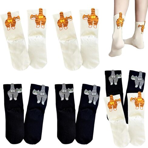 6 Pairs Cat Socks with Balls, Cute and Funny Cat Ball Socks, Comfortable Cotton Crew Socks for Women, Daily Wear, Home, Office, Gift for Cat Lovers in Saudi Arabia