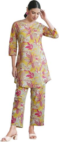 Janasya Indian Women's Cotton Multicolor Floral Print Casual Wear Co-ord Set for Women in Kuwait
